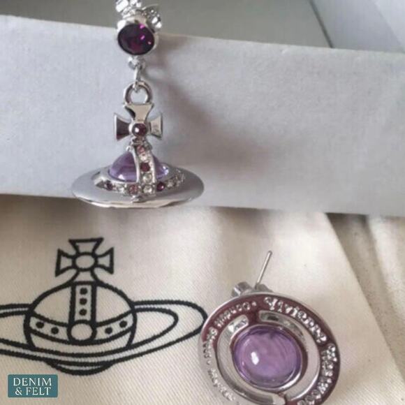 Vivienne Westwood Mayfair Orb Drop Earrings Silver Lilac Crystal Set NEW - Picture 2 of 10